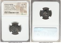 Vespasian (AD 69-79). AR denarius (20mm, 3.02 gm, 6h). NGC Choice AU 3/5 - 3/5. Rome, 21 December AD 69-early AD 70. IMP CAESAR VESPASIANVS AVG, laure...