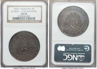 La Rioja. Provincial 8 Reales 1838-R AU58 NGC, La Rioja mint, KM8. Coin rotation. A scarce type which seldom enters into the Mint State level, present...