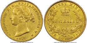 Victoria gold Sovereign 1865-(sy) AU53 NGC, Sydney mint, KM4. Light circulation with scattered contact marks common for the grade, but also exhibiting...