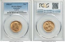 Edward VII gold Sovereign 1902-P MS63 PCGS, Perth mint, KM15, S-3972. A difficult date to locate in this choice quality, with a mere three pieces rank...
