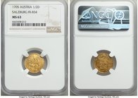 Salzburg. Johann Ernst gold 1/2 Ducat 1705 MS63 NGC, Salzburg mint, KM256, Fr-834, Probszt-1784. Visually quite pleasing with reflective surfaces and ...