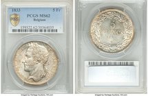 Leopold I 5 Francs 1833 MS62 PCGS, Brussels mint, KM3.1. Position A variety. A sublime example of this popular Belgian crown, a light champagne tinge ...