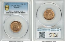 Leopold II gold 20 Francs 1878 MS66 PCGS, KM37. A gem example with hints of rose-gold and vibrant luster. A pleasing needle-sharp strike. AGW 0.1867 o...
