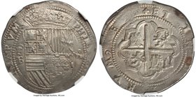 Philip II Cob 8 Reales ND (1574-1586) P-B AU55 NGC, Potosi mint, KM0005.1, Cal-158. 27.32gm. The single finest of the type seen to-date by NGC, with t...
