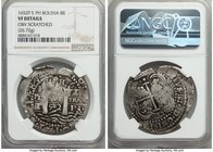 Philip IV Cob 8 Reales 1652 P-E-PH VF Details (Obverse Scratched) NGC, Potosi mint, KM-A20.8. 26.72gm. Type VIII. Scarce transitional type, edge crack...