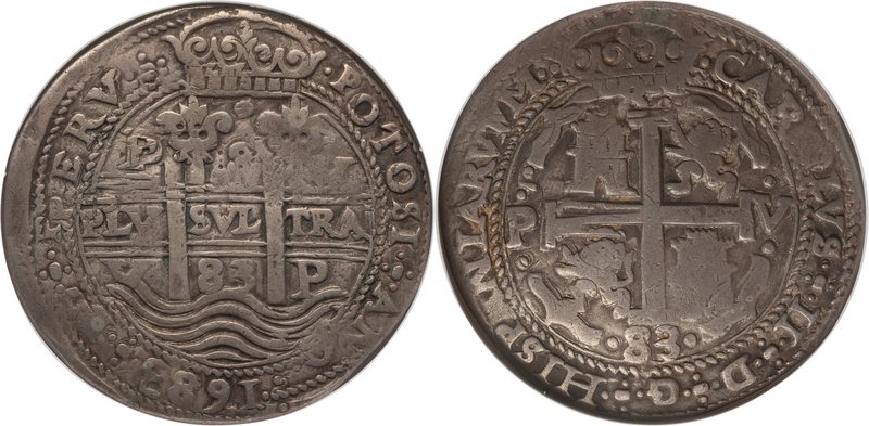 Charles II 8 Reales 1683 P-V VF Details (Plugged) NGC, Potosi mint, KM-R26. Nice...