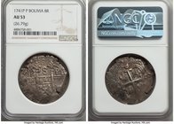 Philip V Cob 8 Reales 1741 P-P AU53 NGC, Potosi mint, KM31a, Cal-840. 26.79gm. Comparatively handsome for the roughness of the edges, the date, mintma...