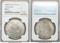 Charles IV 8 Reales 1808 PTS-PJ MS63 NGC, Potosi mint, KM73. A stunning choice survivor, among only 5 at this grade level of 152 certified by NGC for ...