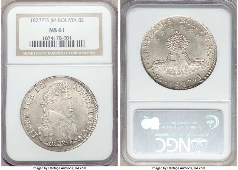 Republic 8 Soles 1827 PTS-JM MS61 NGC, Potosi mint, KM97. The scarcer first date...