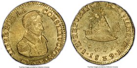 Republic gold 1/2 Scudo 1839 PTS-LM MS62 PCGS, Potosi mint, KM100. Scarce earlier type with Bolivar in military dress. Significant flow lines and mint...