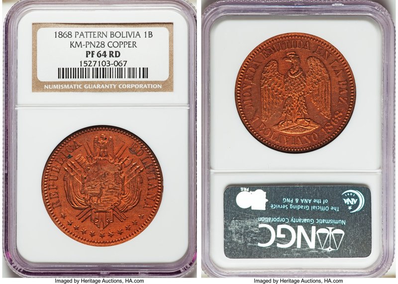 Republic copper Proof Pattern Boliviano 1868 PR64 Red NGC, KM-Pn28. Variety with...