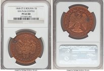 Republic copper Proof Pattern Boliviano 1868 CT-E PR63 Red and Brown NGC, La Paz mint, KM-Pn34. Variety with denomination as UN BOLIVIANO. Entirely pr...