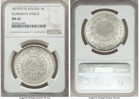 Republic Boliviano 1872 PTS-FE MS65 NGC, Potosi mint, KM160.1. A gorgeous bright white specimen expressing ample cartwheel luster and scattered die cr...
