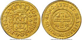 Jose I gold "Large Size" 1000 Reis 1771-(L) MS62 NGC, Lisbon mint, KM162.1, LMB-301. "IOSEPHUS DOMINUS" variety. Toned to captivating tangerine gold. ...