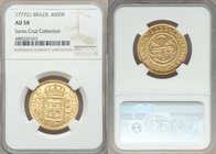 Jose I gold 4000 Reis 1777-(L) AU58 NGC, Lisbon mint, KM171.4, LMB-337. Any circulation experienced by this example was evidently exceedingly light, t...