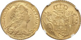 Jose I gold 6400 Reis 1757-R AU58 NGC, Rio de Janeiro mint, KM172.2, LMB-425. Lightly handled with a generally satiny appearance to the almost uncircu...