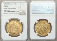 Jose I gold 6400 Reis 1775-R AU55 NGC, Rio de Janeiro mint, KM172.2, LMB-443. A lovely golden emission framed by sharply defined rims bordering lumino...