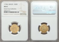 Maria I & Pedro III gold 1000 Reis 1778-(L) MS61 NGC, Lisbon mint, KM208, LMB-446. Struck incompletely across the obverse crown but otherwise sharp an...