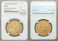 Maria I & Pedro III gold 6400 Reis 1781-B AU55 NGC, Bahia mint, KM199.1, LMB-486. Expressing sharp mint luster that leaps across the peripheries of th...