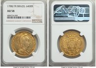 Maria I gold 6400 Reis 1788/7-R AU58 NGC, Rio de Janeiro mint, KM218.1. One of a mere 5 examples of this elusive overdate yet seen by NGC, and only th...