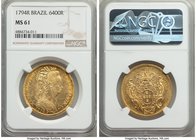 Maria I gold 6400 Reis 1794-R MS61 NGC, Rio de Janeiro mint, KM226.1. From the Dresden Collection

HID09801242017