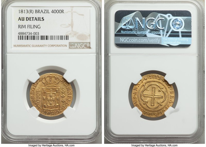João Prince Regent gold 4000 Reis 1813-(R) AU Details (Rim Filing) NGC, Rio de J...