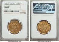 João Prince Regent gold 4000 Reis 1814-(R) MS63 NGC, Rio de Janeiro mint, KM235.2. Among the upper bracket of NGC-certified pieces, typical striking s...