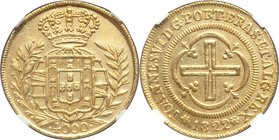 João VI gold 4000 Reis 1822/1-(R) UNC Details (Cleaned) NGC, Rio de Janeiro mint, KM327.1, LMB-586. Lightly cleaned and retaining strong residual lust...