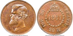Pedro II copper Pattern 20 Reis 1861 AU55 Brown NGC, KM-Pn90, Bentes-E47.03, LMB-E048A. Deep chocolate tones reside over surfaces clear of any signifi...