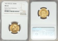 Pedro II gold 5000 Reis 1855 MS63 NGC, Rio de Janeiro mint, KM470. Well-defined with bright golden fields, only a light graze to the right of Pedro's ...