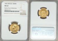 Pedro II gold 5000 Reis 1856 MS62 NGC, Rio de Janeiro mint, KM470. Sun-gold with a particularly bright luster at the periphery that leaps across the l...