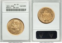 Pedro II gold "Small Bust" 20000 Reis 1851 AU55 ANACS, Rio de Janeiro mint, KM463, Fr-121. Excellent luster with only minor contact marks for the grad...