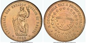 Republic copper Pattern 40 Reis 1889 MS65 Red and Brown NGC, KM-Pn172, Bentes-E86.05. Type with globe in center of the reverse. Presently tied for the...