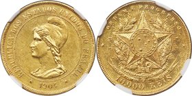 Republic gold 10000 Reis 1904 AU Details (Cleaned) NGC, Rio de Janeiro mint, KM496, LMB-496. Mintage: 541. A well-defined, albeit cleaned, example exp...