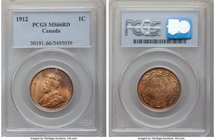 George V Cent 1912 MS66 Red PCGS, Ottawa mint, KM21. A few minor die cracks, a hint of toning beginning to develop, and swirling luster that dazzles t...