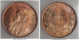 George V Cent 1913 MS66 ICCS, Ottawa mint, KM21. Fiery red aura with peach undertones and strong mint brilliance. Rarely seen in this superior quality...