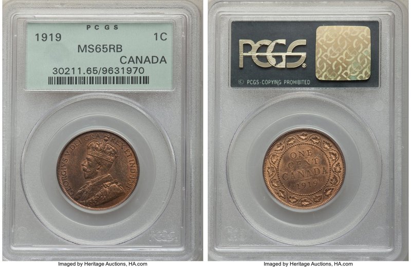 George V Cent 1919 MS65 Red and Brown PCGS, Ottawa mint, KM21. Evincing subtle u...