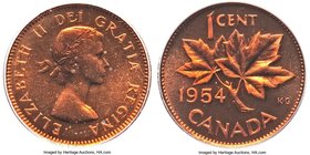 Elizabeth II Prooflike "No Shoulder Fold" Cent 1954 PL65 Red PCGS, Royal Canadian mint, KM49. No Shoulder Fold/Strap variety. A reflective and fire re...