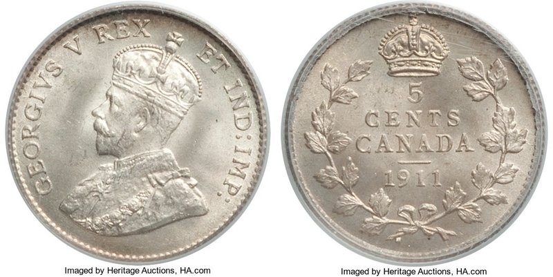 George V 5 Cents 1911 MS66 PCGS, Ottawa mint, KM16. A wonderful example with bol...