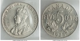 George V 5 Cents 1925 MS60 (Corrosion) ICCS, Ottawa mint, KM29. The key date within the nickel George V 5 Cents series, just 201,921 struck compared t...