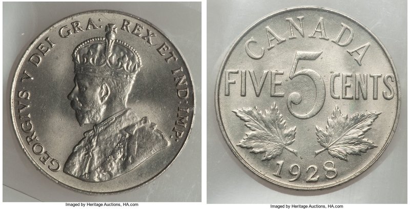 George V 5 Cents 1928 MS65 ICCS, Ottawa mint, KM29. A flashy gem exhibiting gorg...