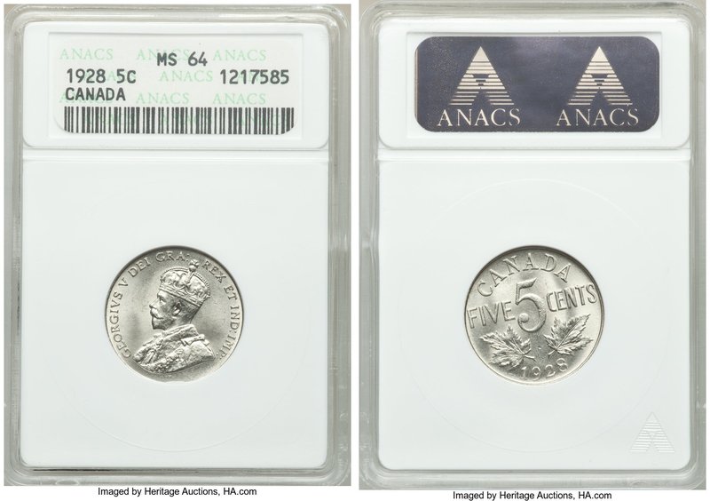 George V 5 Cents 1928 MS64 ANACS, Ottawa mint, KM29. Fully brilliant, with a bol...