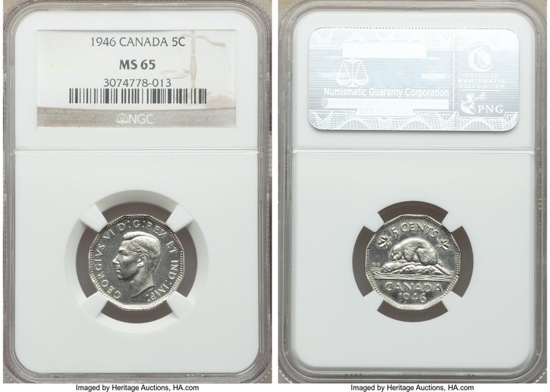George VI 5 Cents 1946 MS65 NGC, Royal Canadian mint, KM39a. Highly reflective s...