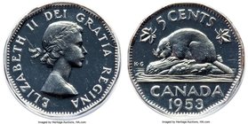 Elizabeth II Specimen "No Shoulder Fold" 5 Cents 1953 SP67 PCGS, Royal Canadian mint, KM50. No Shoulder Fold/Strap. An icy Specimen with platinum-whit...