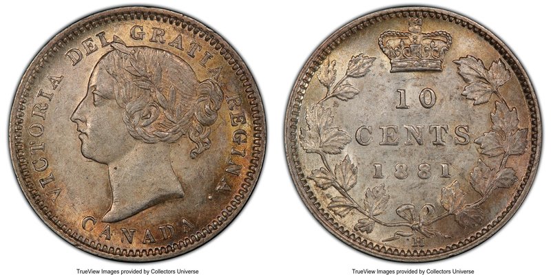 Victoria 10 Cents 1881-H MS62 PCGS, Heaton mint, KM3. A better date for the type...
