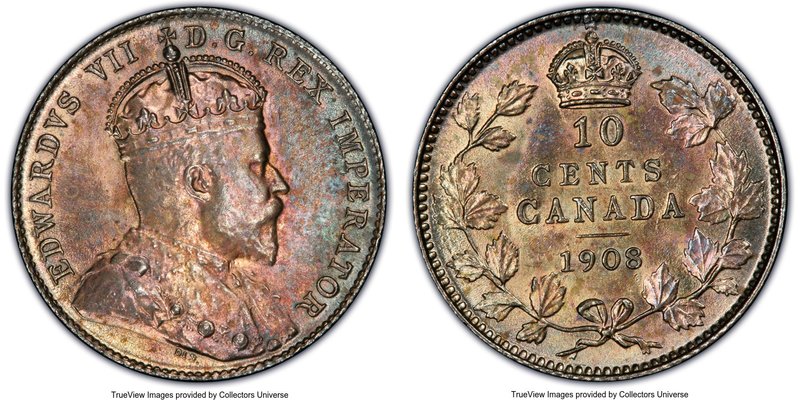 Edward VII 10 Cents 1908 MS64 PCGS, Ottawa mint, KM10. Fully struck and lustrous...
