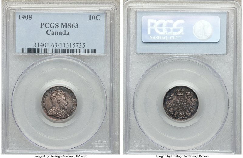 Edward VII 10 Cents 1908 MS63 PCGS, Ottawa mint, KM10. Blue-gray toning with a b...
