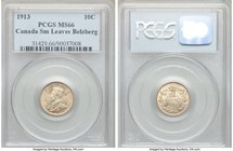 George V "Small Leaves" 10 Cents 1913 MS66 PCGS, Ottawa mint, KM23. Small leaves variety. Crisply rendered details and light gold toning. A superb gem...