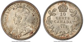 George V "Small Leaves" 10 Cents 1913 MS65 PCGS, Ottawa mint, KM23. "Small Leaves" variety. A gem representative revealing dappled amber color over lu...