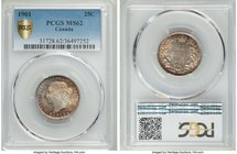 Victoria 25 Cents 1901 MS62 PCGS, London mint, KM5. Highly lustrous with attractive peripheral toning of hues of iridescent peach, gold, and cobalt bl...